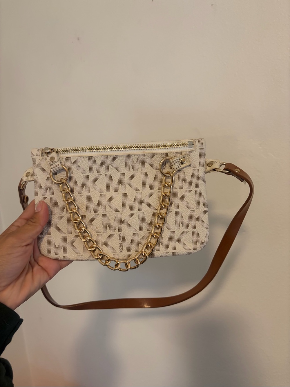 Michael Kors Cream Logo Crossbody with Gold Chain and Brown Strap